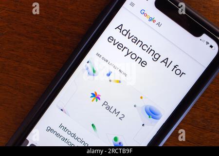 Vancouver, CANADA - Jun 29 2023 : Website of Google AI seen in an iPhone screen. Google AI is a division of Google dedicated to AI technology Stock Photo