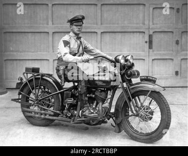 New Jersey:  1930. Trooper Haley of the New Jersey State Police poses on his Harley Davidson motorcycle. Stock Photo