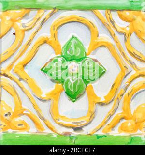 Watercolor illustration of portuguese ceramic tiles pattern. Single square tile. Stock Photo