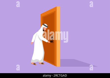 Cartoon flat style drawing Arab businessman holding a door knob. Entering working room in office building. Man holding door knob to open door and ente Stock Photo