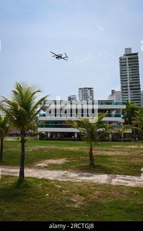 CARTAGENA, COLOMBIA (July 16, 2023) An Aerosonde MK4.7 Hybrid Quad unmanned aerial vehicle lands at the Club Naval Castillogrande during UNITAS LXIV, July 16, 2023. UNITAS is the world’s longest-running maritime exercise. Hosted this year by Colombia, it brings together multinational forces from 20 partner nations, including 26 warships/vessels, three submarines, 25 aircraft (fixed wing/helicopter) and approximately 7,000 people. The exercise trains forces in joint maritime operations that enhance tactical proficiency and increase interoperability with the presence of unmanned air, surface, an Stock Photo