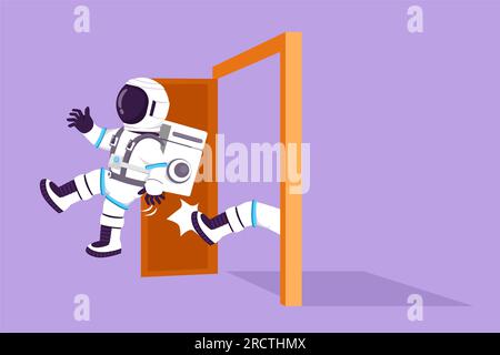 Cartoon flat style drawing young astronaut get kicked out of door in moon surface. Dismissed from job. Boss kicks unnecessary employee. Cosmic galaxy Stock Photo