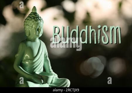 Decorative Buddha statue and word Buddhism on blurred background Stock Photo