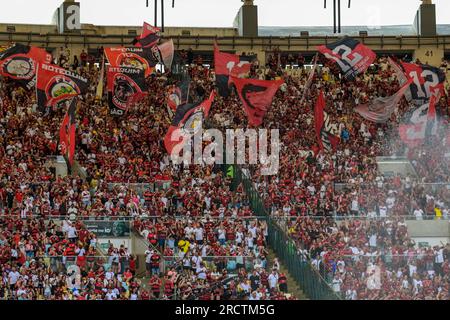 Rio de Janeiro, Brazil. 16th July, 2023. Supporter Flamengo during the  match between Fluminense and Flamengo, for the Brazilian Serie A 2023, at  Maracana Stadium, in Rio de Janeiro on July 16.