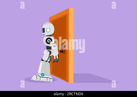 Graphic flat design drawing robot pushing door with his back. Business concept of overcoming obstacles. Future technology development. Robot artificia Stock Photo