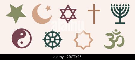 World religious symbol set elements. Collection of shape silhouette - islam, judaism, buddhism, christian, taoism, menorah. Vector flat illustration Stock Vector