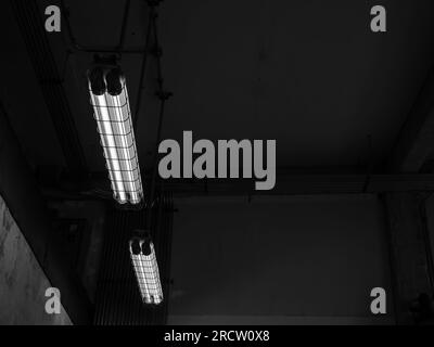 Loft industrial ceiling lights covered with wire mesh hanging under ceiling in old white building with copy space. Fluorescent light guards decoration Stock Photo