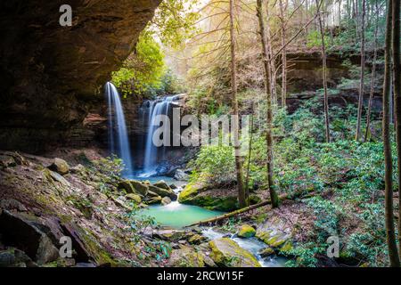 Scenic view of Pine Island Double Falls in Daniel Boone National Forest, Kentucky Stock Photo