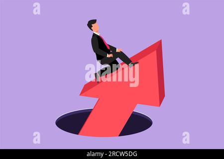 Character flat drawing young businessman standing on big arrows coming out of holes. Male manager leading financial graph rising from hole. Business g Stock Photo
