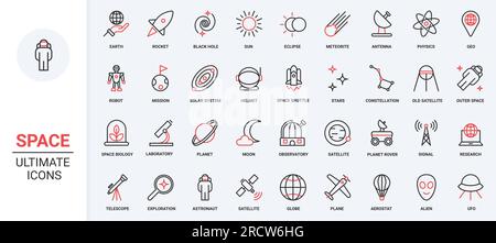 Vector illustration trendy red black thin line icons set space travel universe research technology, astronaut spaceship, moon solar system planets, and futuristic observatory and telescope. Stock Vector