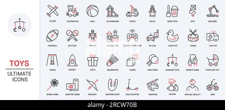 Baby stroller and rattle gift, mobile app and desktop computer games, sand castle and ball to play on playground, kite and swing. Toys for kids trendy red black thin line icons set vector illustration Stock Vector