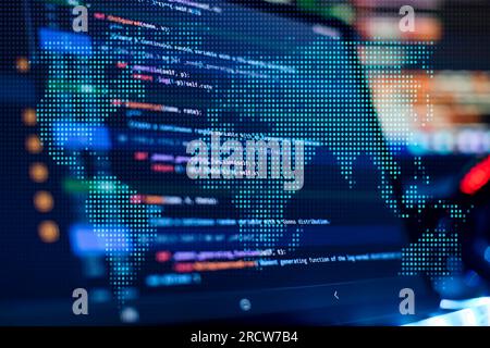 Notebook closeup photo. CSS, JavaScript and HTML usage. Monitor closeup of function source code. Abstract IT technology background. Stock Photo