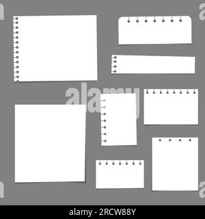 Torn pieces of paper .Sheets of paper from notebooks, white pieces of paper on a gray background. Vector ragged cardboard set, rough border, tattered Stock Vector