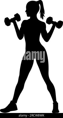 Muscle woman bodybuilder lifting dumbbells Silhouette. Vector illustration Stock Vector