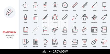Scissors, marker and pencil in holder and box, paper document on flipboard or clipboard. Office and school supplies, stationary and equipment trendy red black thin line icons set vector illustration. Stock Vector