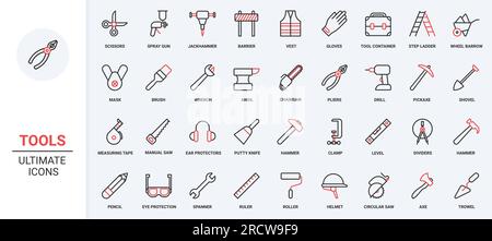 Safety helmet and vest for worker, spanner and hammer, paint. Construction diy tools and equipment for carpentry, building and repair work trendy red black thin line icons set vector illustration Stock Vector