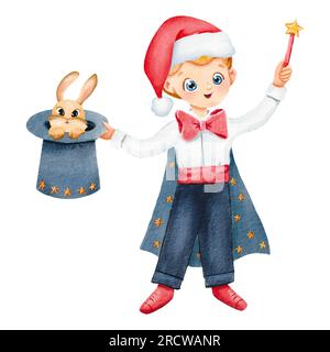 Naughty little magician. Young wizard in New Year hat tailcoat, with rabbit top hat and a magic wand. Performance begins. Watercolor isolated Stock Photo