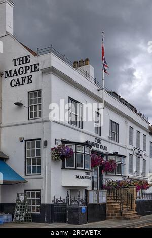 WHITBY, YORKSHIRE, UK - JULY 03, 2023:  Exterior view of the Magpie Cafe  Award Winning Fish and Chip restaurant and shop in Pier Hill Stock Photo