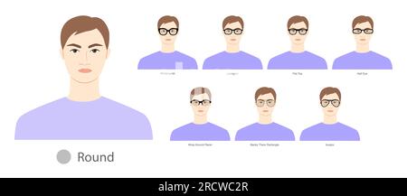 Set of types of glasses for Men round type faces fashion accessory illustration. Sunglass front view unisex silhouette style, flat spectacles eyeglasses, lens sketch style outline isolated on white Stock Vector