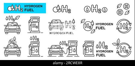 H2 hydrogen fuel gas cell car filling station, auto transport charging line icon set. Automobile refueling eco gasoline. Renewable energy. Vector Stock Vector