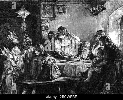 Christmas, carol singing, carol singers visiting family, adapted from pen drawing, ARTIST'S COPYRIGHT HAS NOT TO BE CLEARED Stock Photo