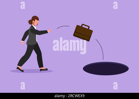 Cartoon flat style drawing businesswoman throws briefcase into hole. Failure to take advantage of business opportunities. Frustrated worker due to fin Stock Photo