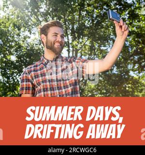 Summer days, drifting away text on red with happy caucasian man taking selfie in sunny park Stock Photo