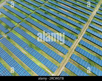 Aerial view of Solar panels, solar farms Stock Photo