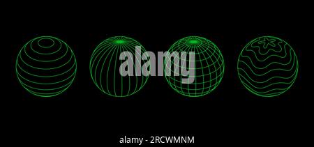 Neon green wireframe spheres collection. 3d outline globes with different grid patterns. Geometric circle elements for design template, icon, logo. Abstract balls with connected lattice lines. Vector Stock Vector