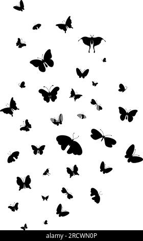 Isolated flying butterflies poster, black butterfly icons. Decorative fly insects print graphic design. Flat elements wildlife nowaday vector Stock Vector