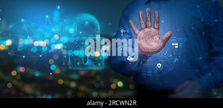 A man touches the virtual interface with a palm scanner to protect cloud technology data storage, network and Wi-Fi. Security concept for network and Stock Photo