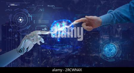 Hands of robot and human touch on artificial intelligence symbol. Concept of data network connection, data exchange, deep machine learning, science, a Stock Photo