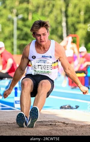 Espoo, Finland. 15th July, 2023. Belgian athlete Jente Hauttekeete pictured in action during the third day of the European Athletics U23 Championships, Saturday 15 July 2023 in Espoo, Finland. The European championships take place from 13 to 17 July. BELGA PHOTO THOMAS WINDESTAM Credit: Belga News Agency/Alamy Live News Stock Photo