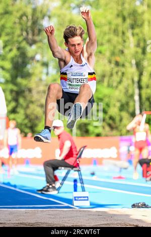 Espoo, Finland. 15th July, 2023. Belgian athlete Jente Hauttekeete pictured in action during the third day of the European Athletics U23 Championships, Saturday 15 July 2023 in Espoo, Finland. The European championships take place from 13 to 17 July. BELGA PHOTO THOMAS WINDESTAM Credit: Belga News Agency/Alamy Live News Stock Photo