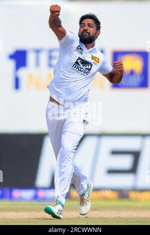 Galle, Sri Lanka. 17th July 2023. Sri Lanka's Prabath Jayasuriya celebrates after taking the wicket of Pakistan’s captain Babar Azam during the 2nd Day of the 1st test cricket match between Sri Lanka and the Pakistan at the Galle International Cricket Stadium in Galle on 17th July, 2023. Viraj Kothalwala/Alamy Live News Stock Photo