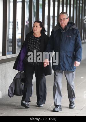 John and Susan Letby, the parents of nurse Lucy Letby arrive at Manchester Crown Court, ahead of the verdict in the case of their daughter who is accused of the murder of seven babies and the attempted murder of another ten, between June 2015 and June 2016 while working on the neonatal unit of the Countess of Chester Hospital. Picture date: Monday July 17, 2023. Stock Photo