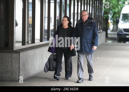 John and Susan Letby, the parents of nurse Lucy Letby arrive at Manchester Crown Court, ahead of the verdict in the case of their daughter who is accused of the murder of seven babies and the attempted murder of another ten, between June 2015 and June 2016 while working on the neonatal unit of the Countess of Chester Hospital. Picture date: Monday July 17, 2023. Stock Photo