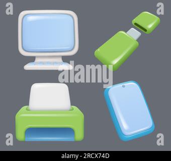 Computer gadgets. Hi tech devices in cartoon plasticine style smartphones tablets pc game consoles decent vector icons set Stock Vector