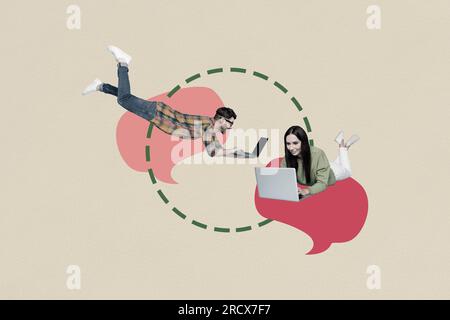 Collage picture image poster of two busy people worker chatting modern technology device send email letter forum blog copyspace Stock Photo