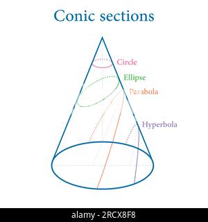 Types of conic sections. Circle, Ellipse, Parabola and Hyperbola. Vector illustration isolated on white background. Stock Vector