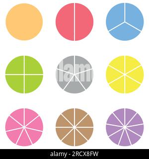 Set of fraction circles with same size. Fraction pie divided into slices. Whole, halves, thirds, quarters, fifths, sixths, sevenths, eighths and ninth Stock Vector