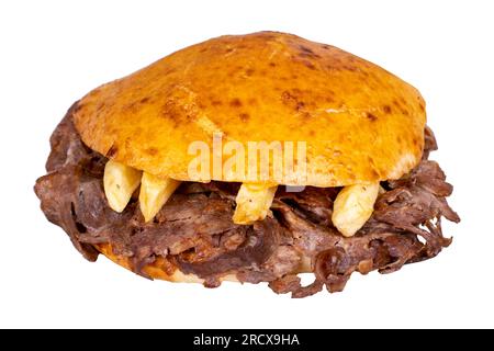 Meat between bread rolls. Meat doner in fat bread isolated on white background. Traditional Turkish cuisine. Close-up. local name tombik et doner Stock Photo