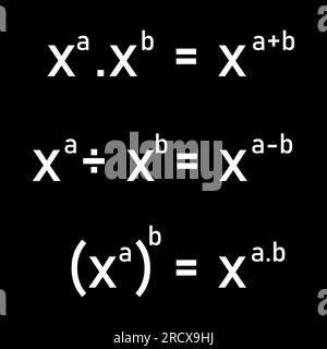 Laws of exponent rules. Product, quotient and power of a power exponent law. Stock Vector