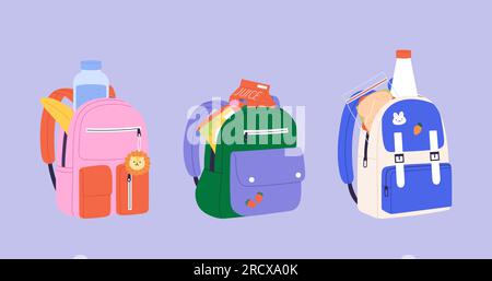 School or kindergarten children backpacks with food. Kids bags and lunch or dinner, water, sandwich and fruits. Healthy snack vector set Stock Vector