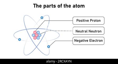 Rutherford's atomic model. Electron orbits, neutrons, nucleus, protons and electrons. Parts of atom. Vector illustration isolated on white background. Stock Vector
