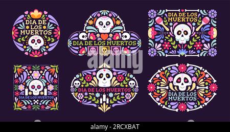 Day of dead latino floral banners. Mexican festival design with sugar skull, bones and flowers. Bright mexico party celebration racy vector prints Stock Vector