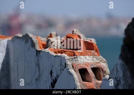 Selective focus on a damaged wall of an abandoned building in Lisbon, Portugal Stock Photo