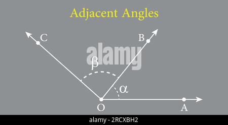 Adjacent angles in mathematics. Two angles with common vertex and side. Vector illustration isolated on grey background. Stock Vector