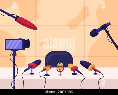 Press conference studio, pressmedia room. Debate, microphones on table and cameras. Empty interview place for speaking, nowaday vector scene Stock Vector