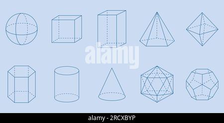 3D geometric shapes. Square, Cube, Cuboid, Pentagonal pyramid, Octahedron, Hexagonal prism, Cylinder, Cone, Icosahedron and Dodecahedron shapes. Stock Vector